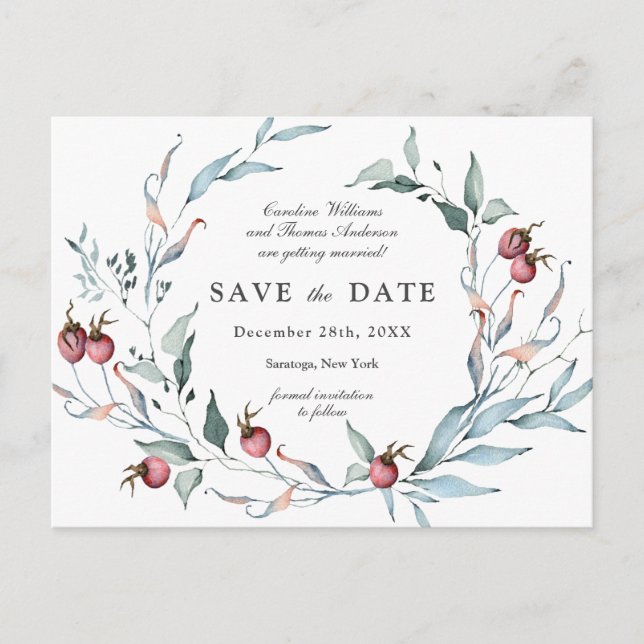 Winter Berries Wasserfarbe Botanisch Save the Date Postkarte (Vorderseite)