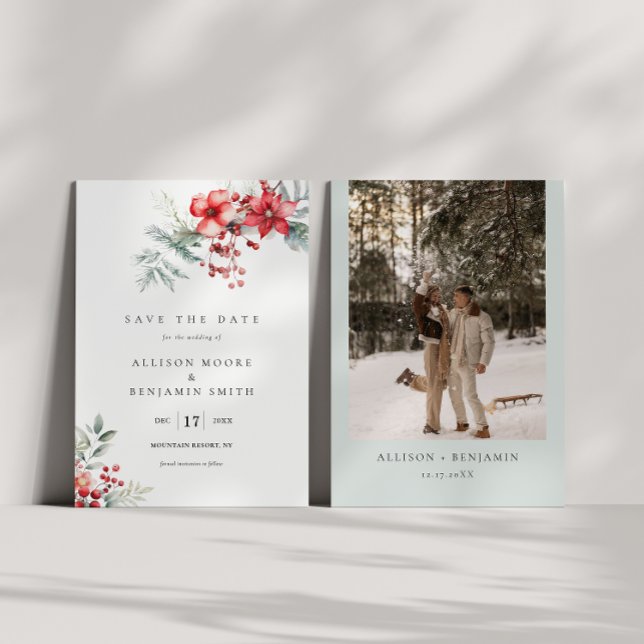 Winter Berry Poinsettia Save the Date Card Einladung (Von Creator hochgeladen)