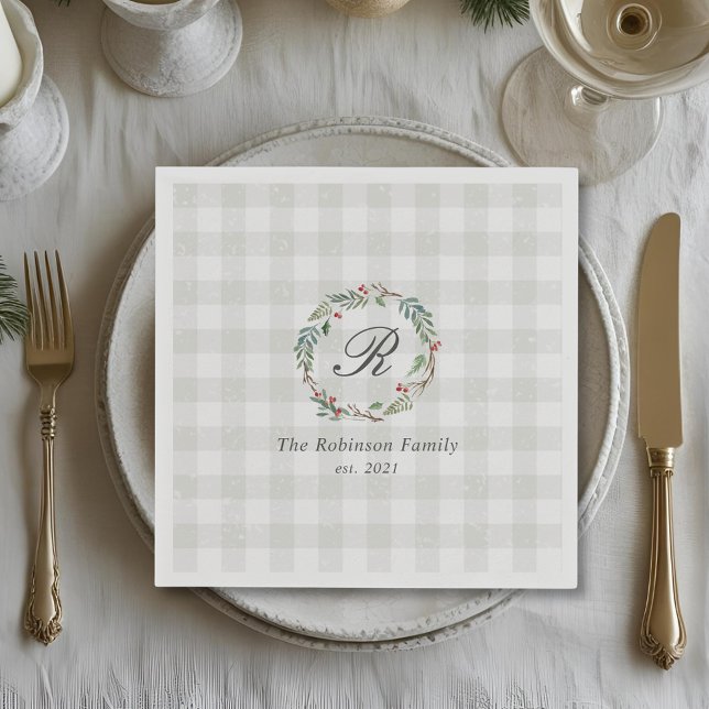 Winter Berry Wreath Familienname Erstweihnachtsanf Serviette (Von Creator hochgeladen)