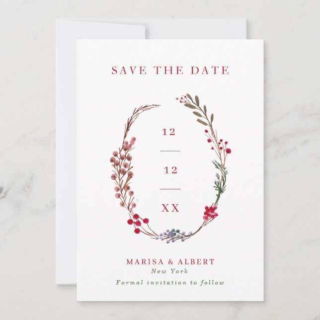 Winter Berry Wreath Wedding Foto Save The Date (Vorderseite)