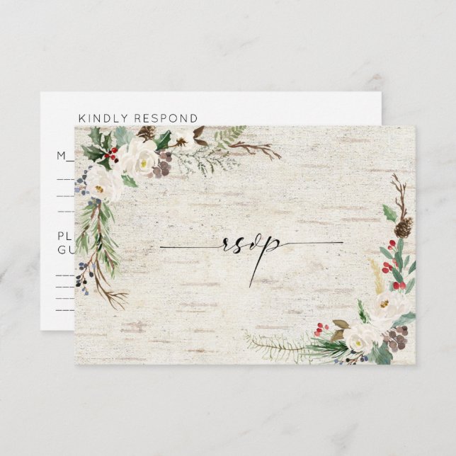 Winter Birch Calligraphy Botanicals Wedding RSVP Einladung (Vorne/Hinten)