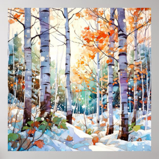 Winter Birch Tree Forest Wall Art Print Poster