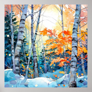 Winter Birch Tree Forest Wall Art Print Poster