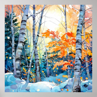 Winter Birch Tree Forest Wall Art Print Poster