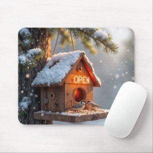Winter Birdhouse mit Neon Open Sign Mousepad
