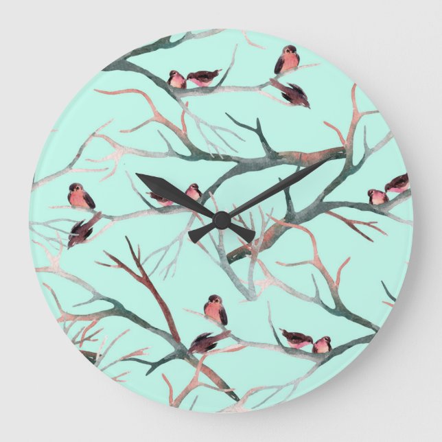 Winter Birds Bäume Branchen Wasserfarbe Große Wanduhr (Vorderseite)
