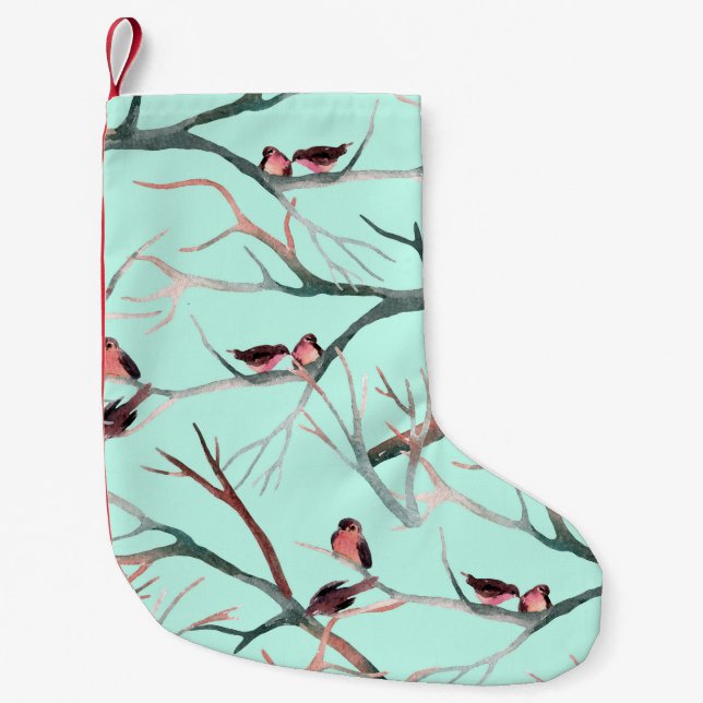 Winter Birds Bäume Branchen Wasserfarbe Kleiner Weihnachtsstrumpf (Vorderseite)