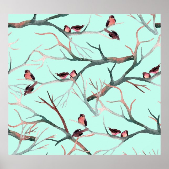Winter Birds Bäume Branchen Wasserfarbe Poster (Vorne)