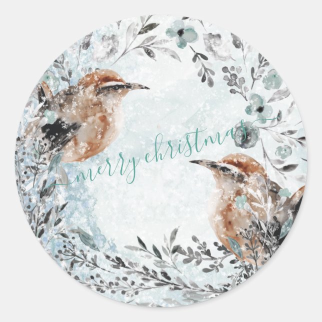 Winter Birds Nesting Dusty Blue Christmas Wreath Runder Aufkleber (Vorderseite)