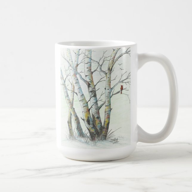 Winter-Birken farbige Bleistift-Kunst Kaffeetasse (Rechts)