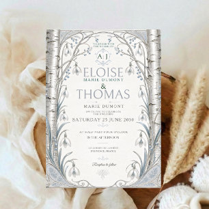 Winter-Birken-Hochzeit Botanisch Elegant Silber Einladung