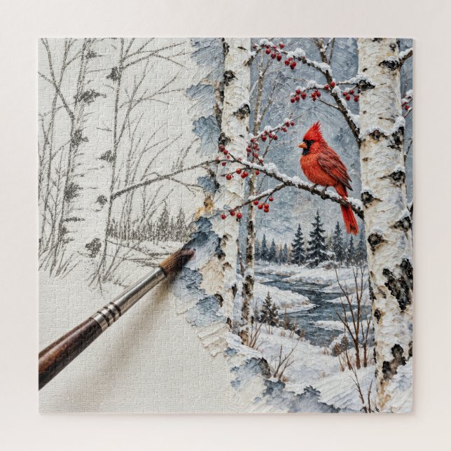 Winter-Birkenwald und Kardinal-Gemälde Puzzle (Vertikal)