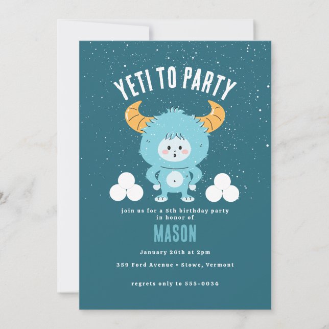 Winter Birthday Blue Boy Snow "Yeti to Party" Einladung (Vorderseite)