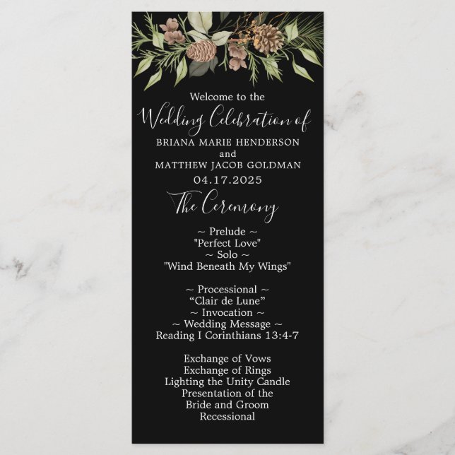 Winter Black Elegant Script Wedding Programm (Vorderseite)