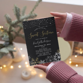 Winter Black Gold Silver Snowflake Sweet 16 Einladung