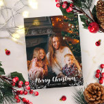 Winter Blätter White Script Foto Frohe Weihnachten Postkarte<br><div class="desc">Einfache Weihnachtskarte mit niedlichem Foto und weißem kalligraphischem Schriftart,  ideal für dunkle Bilder.</div>