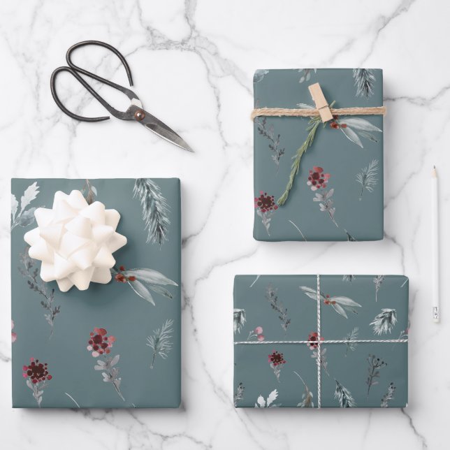 Winter Blau Fichte & Gewürzte Beeren Schiefergrün Geschenkpapier Set (Vorderseite)