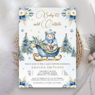 Winter-Blau-Gold-Blumen-Teddybär-Baby-Party Einladung