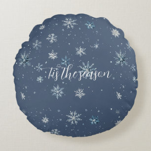Winter Blau Silber Schneeflocken Weihnachten Rundes Kissen