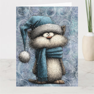 Winter Blau Weihnachtskatze mit Hut und Schal Karte