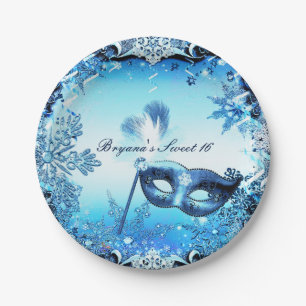 Winter Blaue Maskerade Maske & Schneeflocken Elega Pappteller