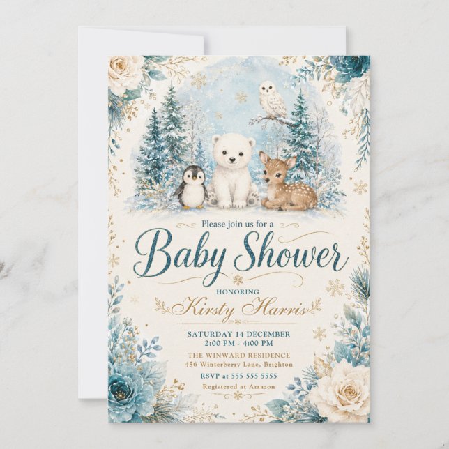 Winter-Blaues Wald-Babyshower Einladung (Vorderseite)