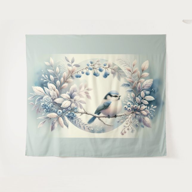 Winter Blaumeisen-Beerenkranz Wandteppich (Vorderseite (Horizontal))