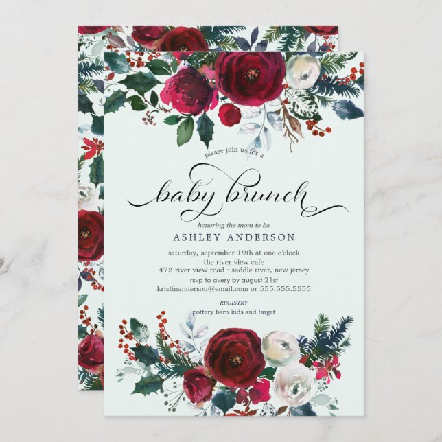 Winter Bloom Floral Baby Dusche Brunch Einladung (Vorne/Hinten)