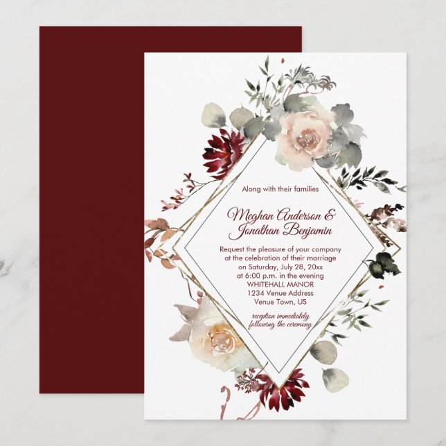 Winter Blooms Diamantform - Burgundy Wedding Einladung (Vorne/Hinten)