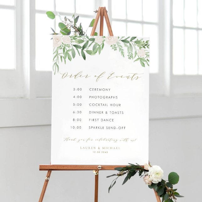Winter Blooms Garland Hochzeitserie Poster (Customizable watercolor wedding timeline sign featuring watercolor greenery and white flowers)