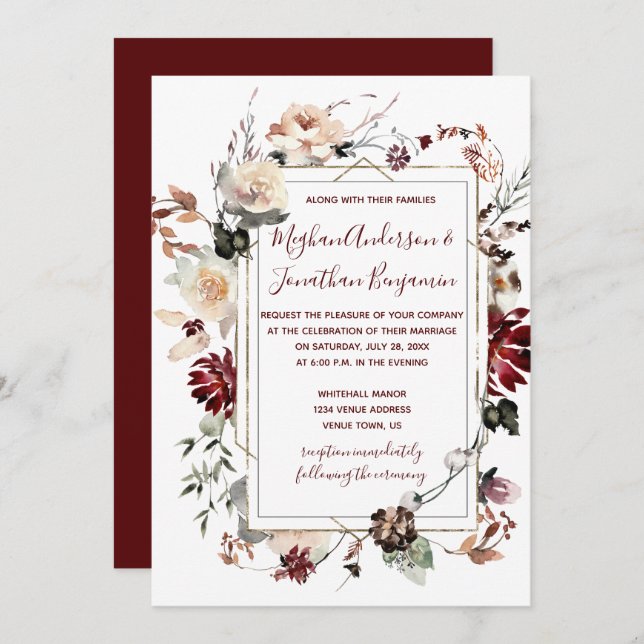 Winter Blooms Gold Frame - Burgund - Hochzeit | Einladung (Vorne/Hinten)