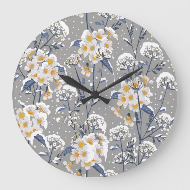 Winter Blossom: zartes Blumenmuster Große Wanduhr (Vorderseite)