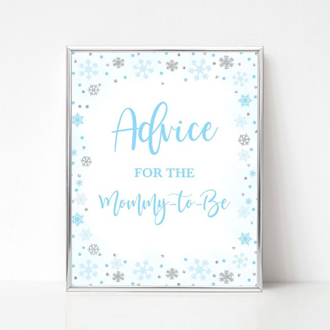 Winter Blue Advice für Mommy to Be Shower Signage Poster (Advice for the Mommy-to-be Winter Baby Shower Sign, Blue & Silver Glitter Snowflakes)