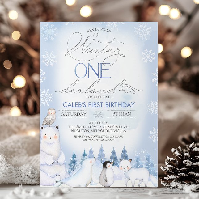 Winter Blue Arctic Animals Onederland 1. Geburtsta Einladung (Onederland Arctic Animals Birthday Invitation, Boys Winter Onederland Invitation Template, Blue )