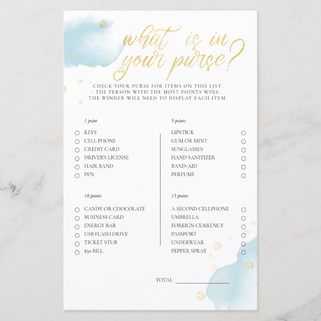 Winter Blue Baby Dusche Spiel, was in Ihrer Tasche (Vorderseite)