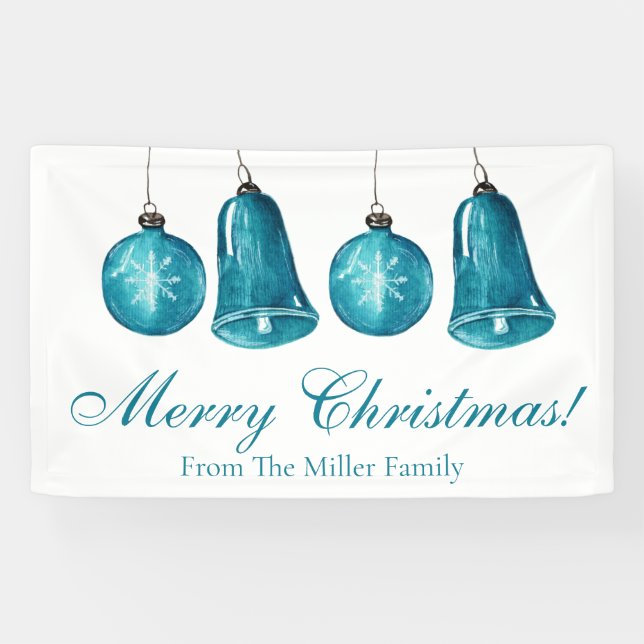 Winter Blue Baubles Custom Family Frohe Weihnachte Banner (Horizontal)