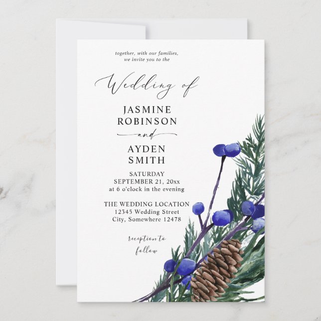 Winter Blue Berries & Pine Greenerity Wedding Einladung (Vorderseite)