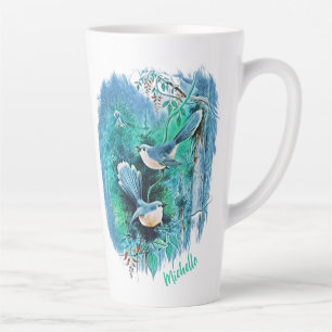 Winter Blue Birds Gemälde mit Name Latte Tasse