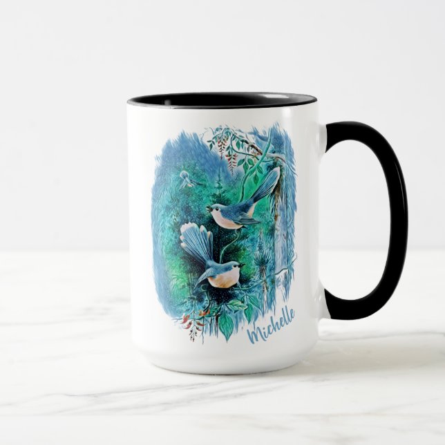 Winter Blue Birds Malerei mit Namen Tasse (Rechts)