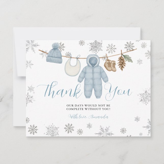 Winter Blue Boy Baby Shower Snowflakes Thank You Dankeskarte (Vorderseite)