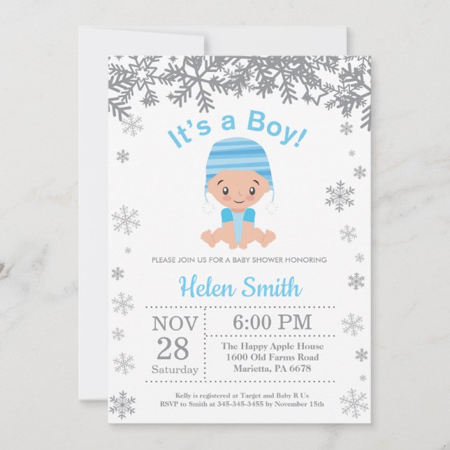 Winter Blue Boy Baby Showflake Einladung (Vorderseite)