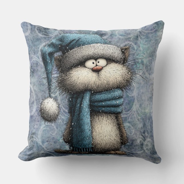 Winter Blue Christmas Cat With Hat And Scarf Kissen (Vorderseite)