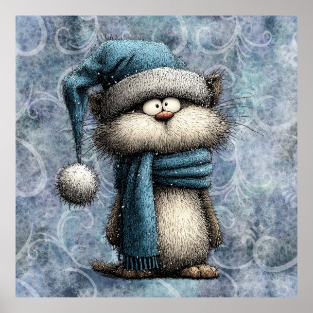 Winter Blue Christmas Cat With Hat And Scarf Poster (Vorne)