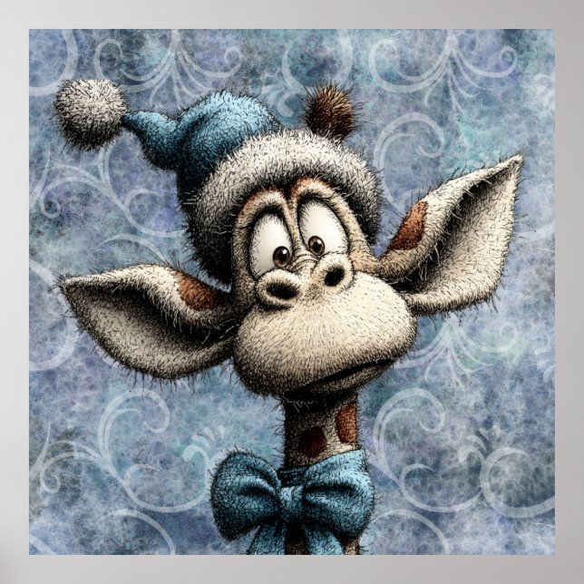 Winter Blue Christmas Cute Giraffe With Hat Poster (Vorne)