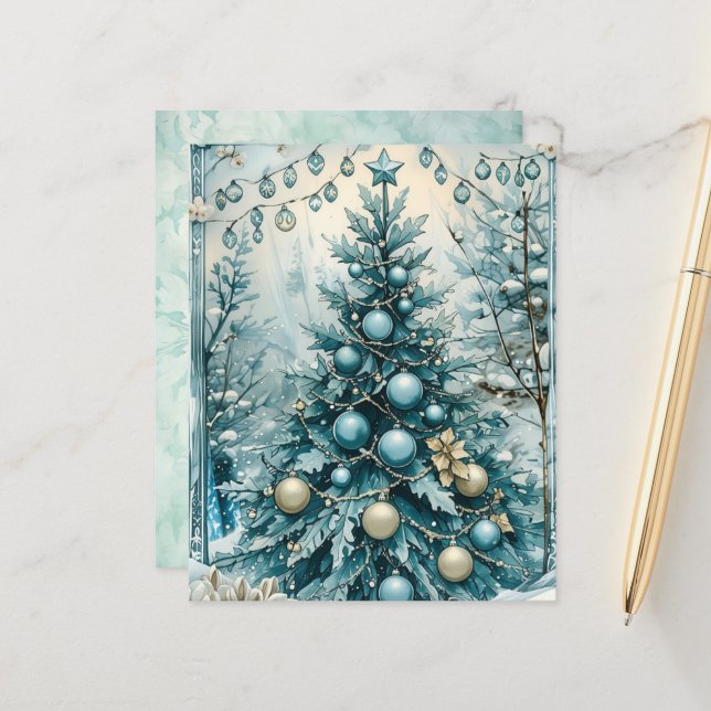 Winter Blue Christmas Tree Scrapbook Paper (Vorderseite/Rückseite Beispiel)