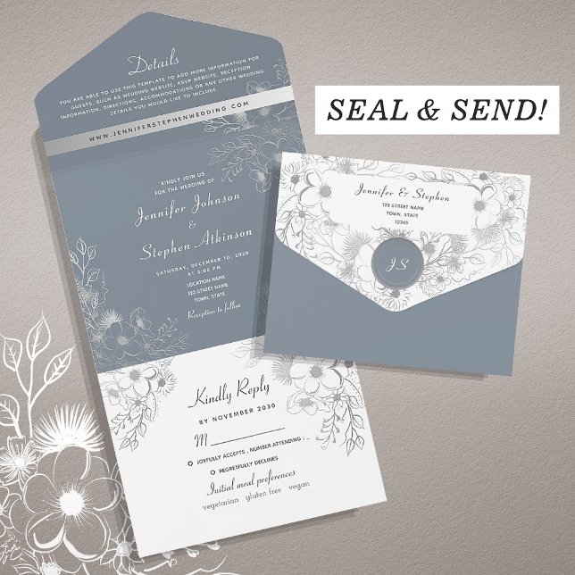 Winter Blue Floral Wedding All In One Einladung (Von Creator hochgeladen)