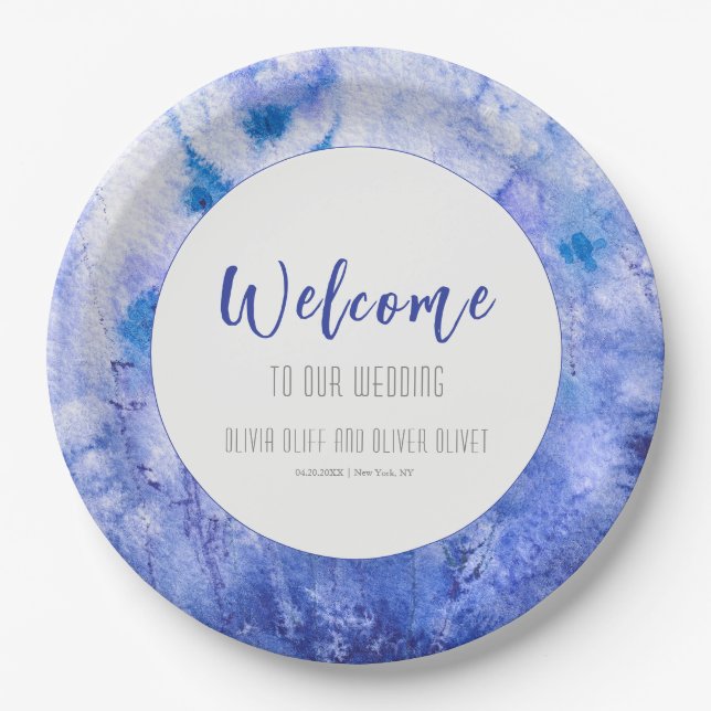 Winter Blue Garden Wedding Willkommen Pappteller (Vorderseite)