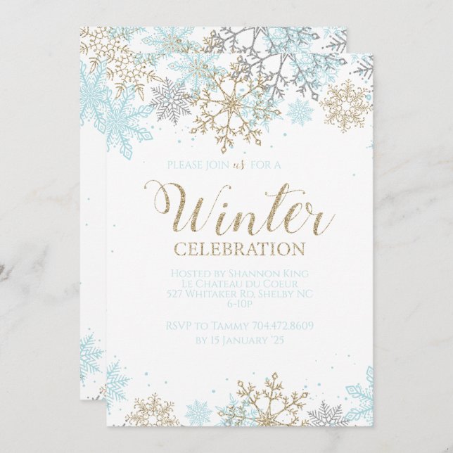Winter Blue Gold Silber Schneeflocken Geburtstag Einladung (Vorne/Hinten)