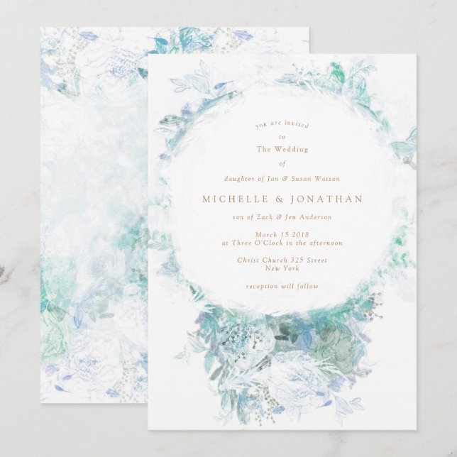 Winter Blue Green Blume Boho Wedding Einladung (Vorne/Hinten)