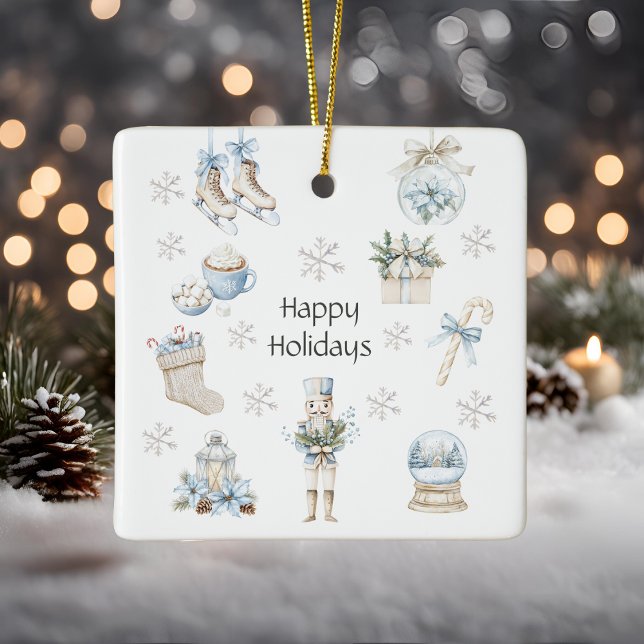 Winter Blue Happy Holidays Watercolor Keramikornament (Von Creator hochgeladen)